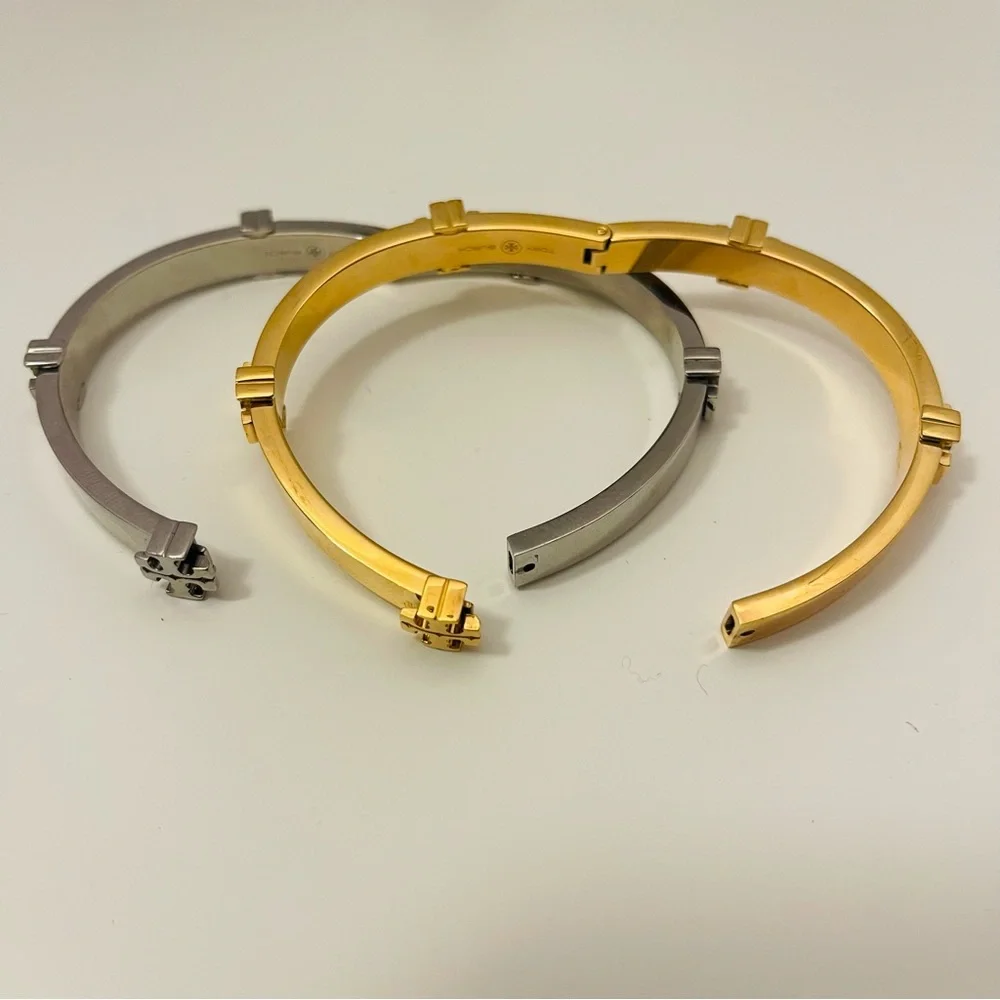 Tory Burch- Miller Logo Hinged Bangle Bracelet available in silver or gold - Picture 4 of 10